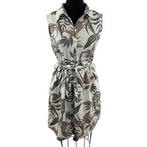 LAURA BIANCHI White Brown Gray Sleeveless Button Down Linen Belted Dress S ITALY